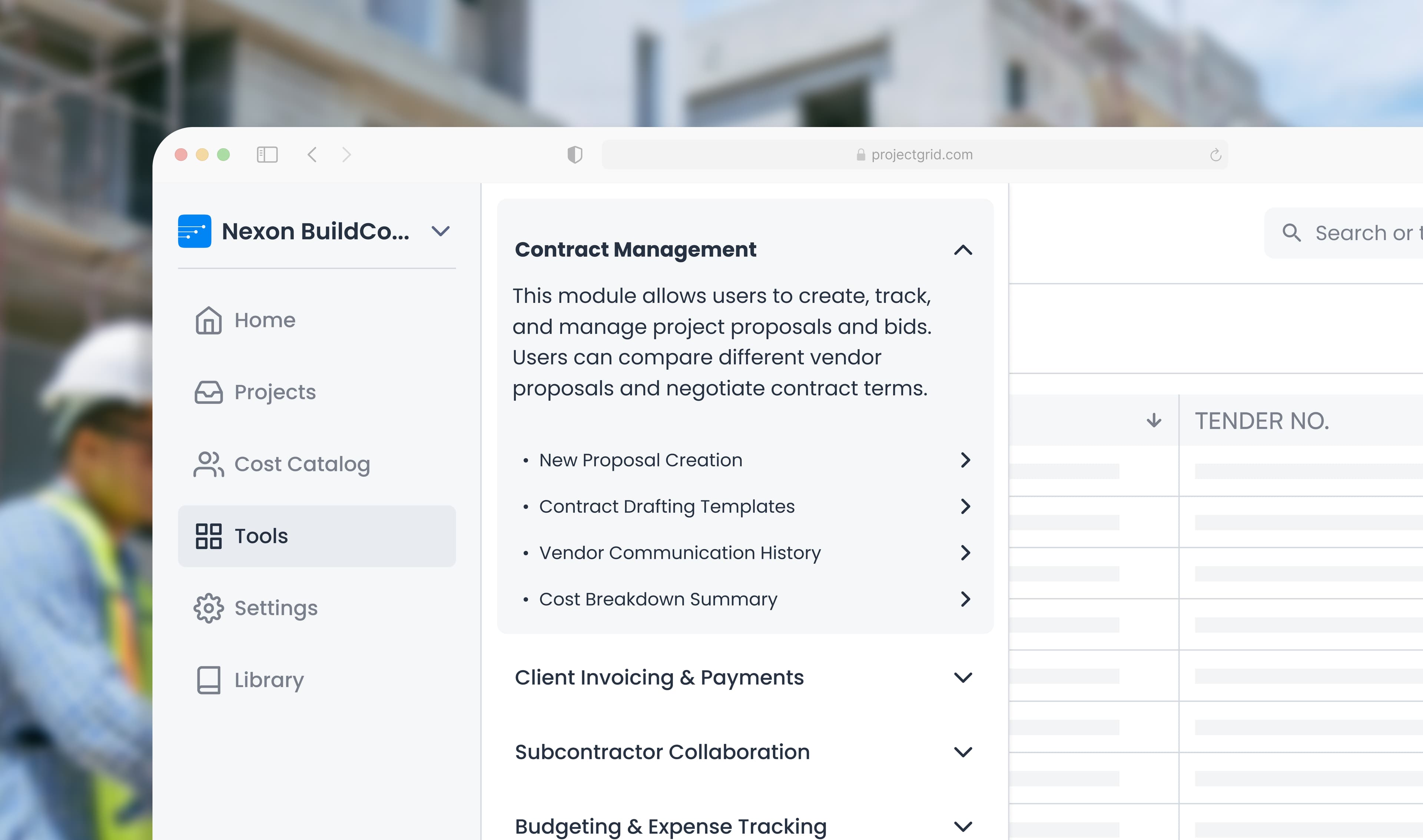 Construction ERP tools menu with Contract Management expanded