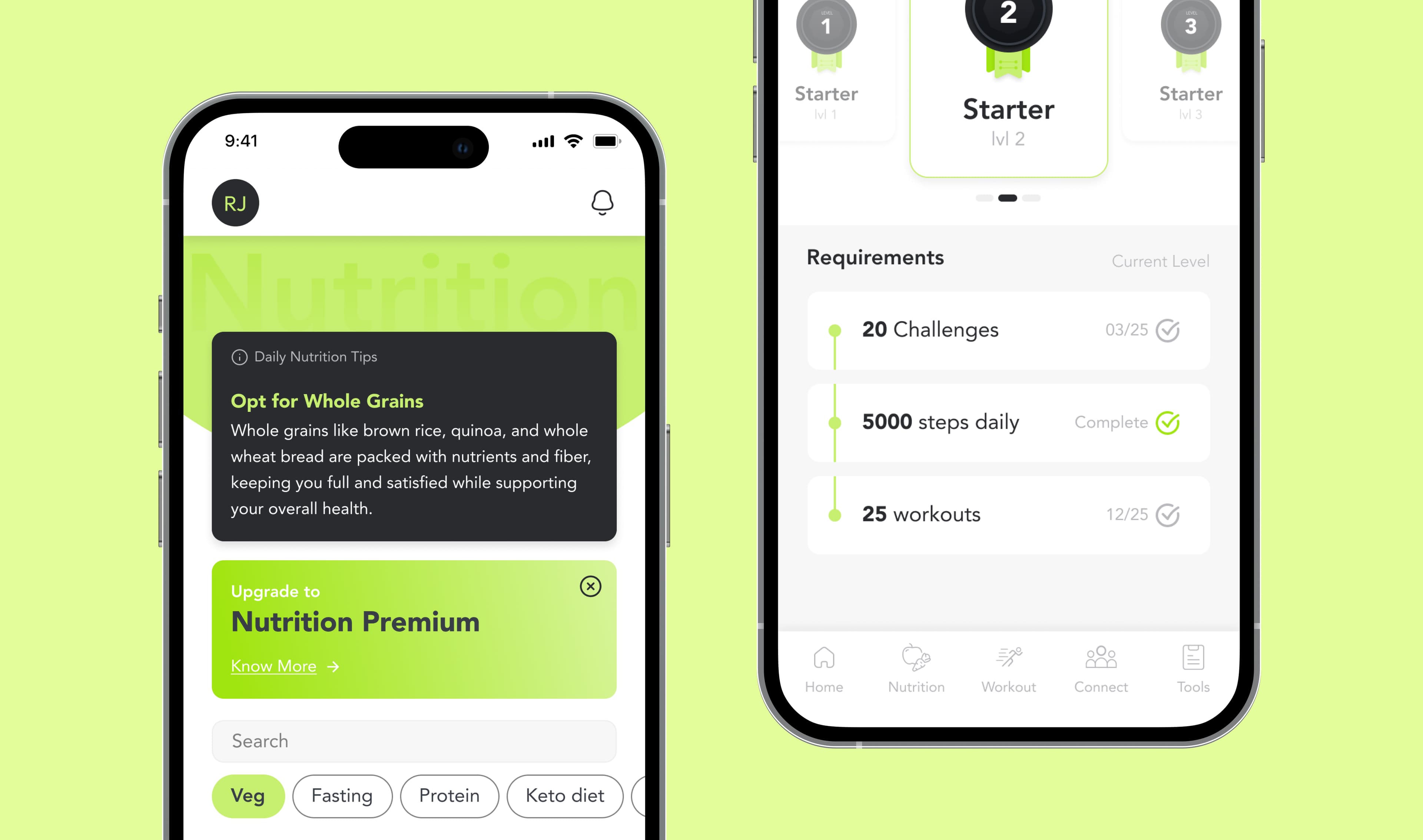 Fitness app nutrition tips and level requirements screens