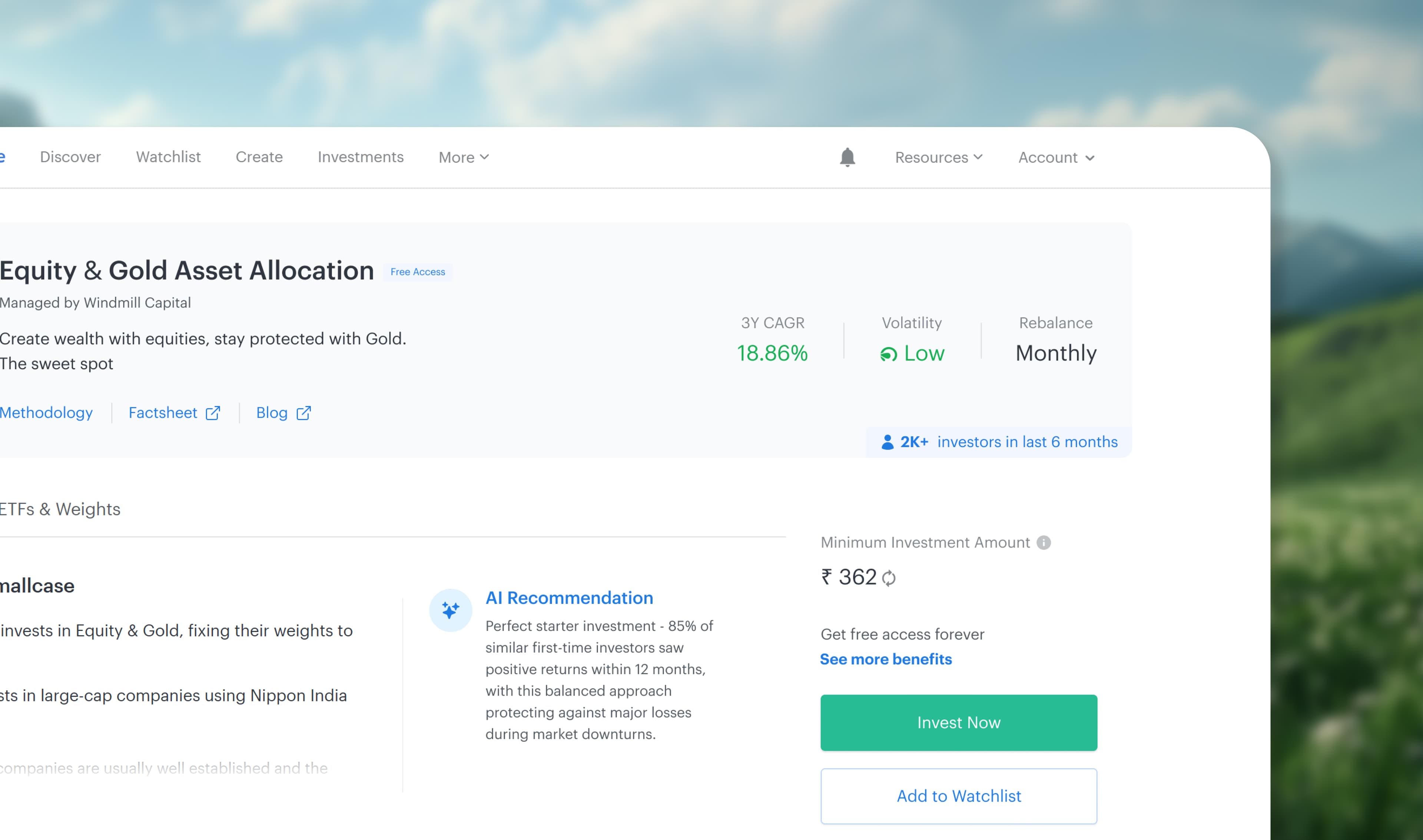 Redesigned smallcase detail page with an AI recommendation and the Invest Now panel