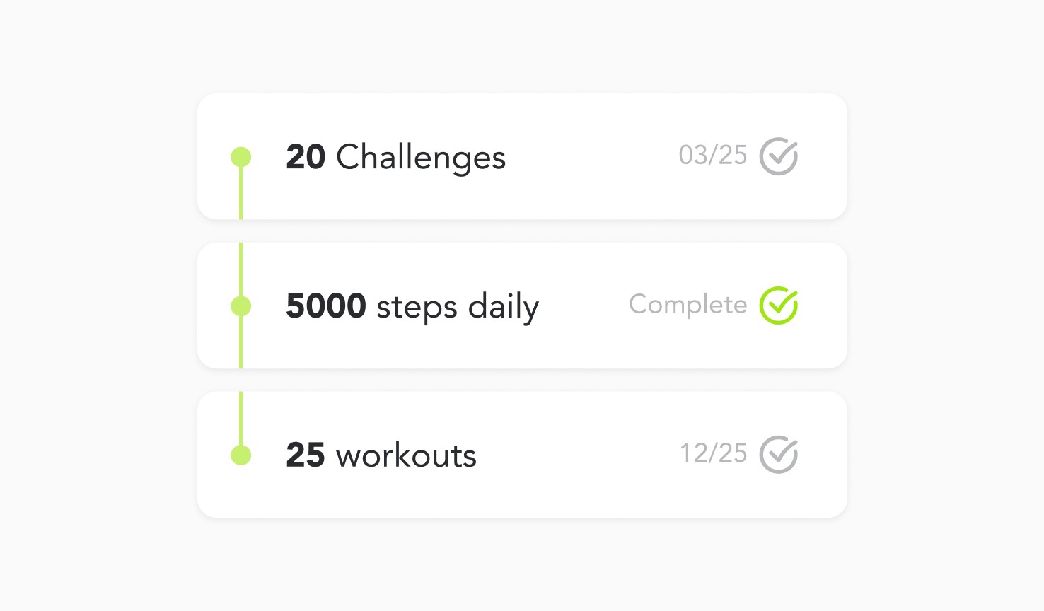 Goal tracking list for challenges, steps and workouts
