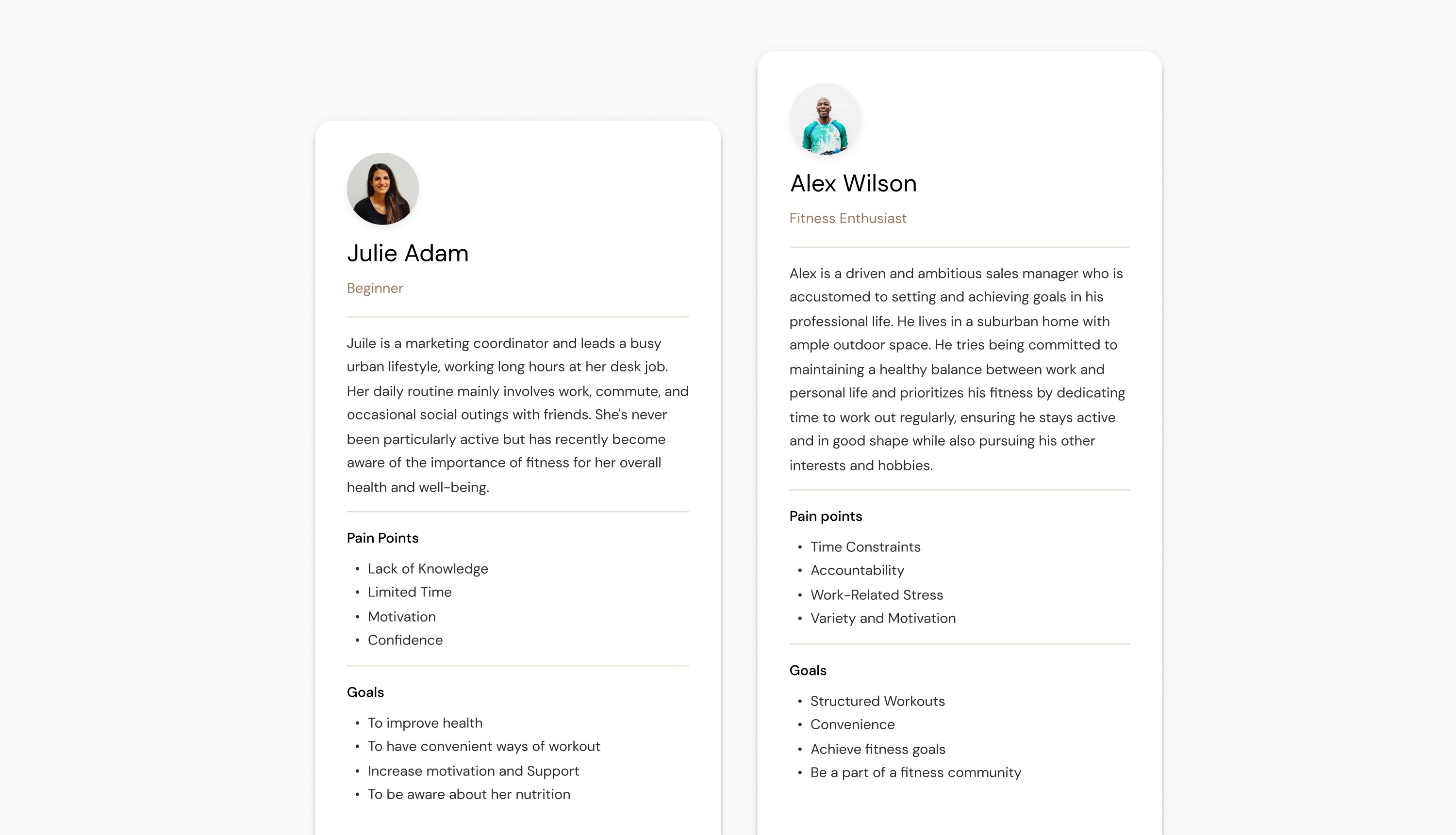 Two fitness app personas, Julie Adam and Alex Wilson