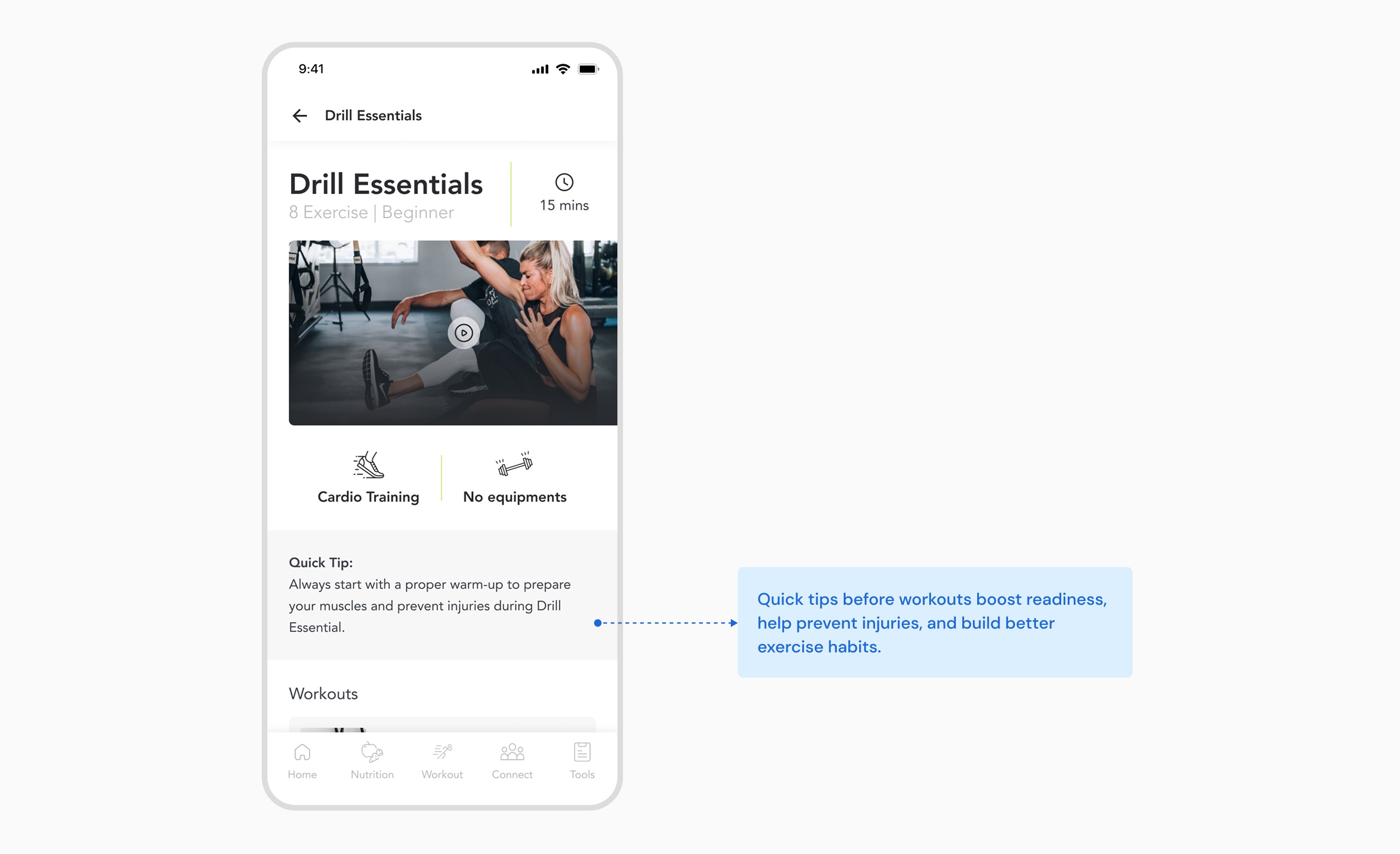 Annotated workout detail page