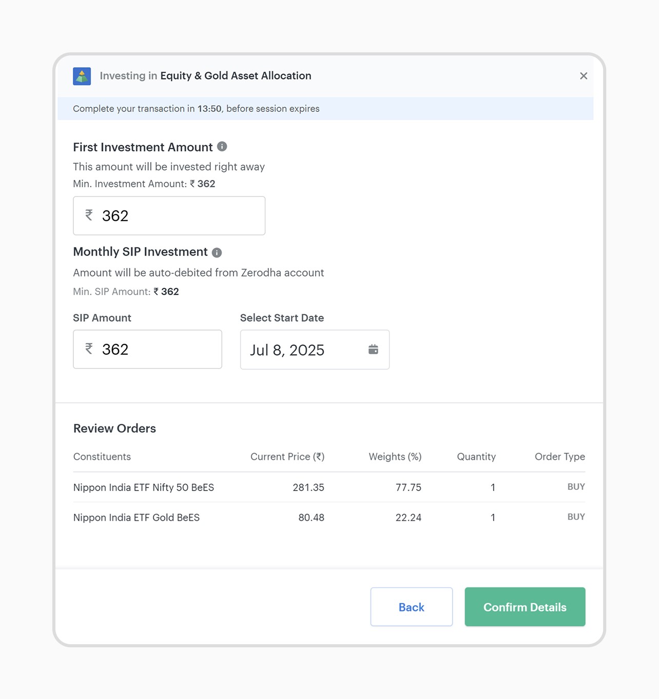 Investment modal before the redesign